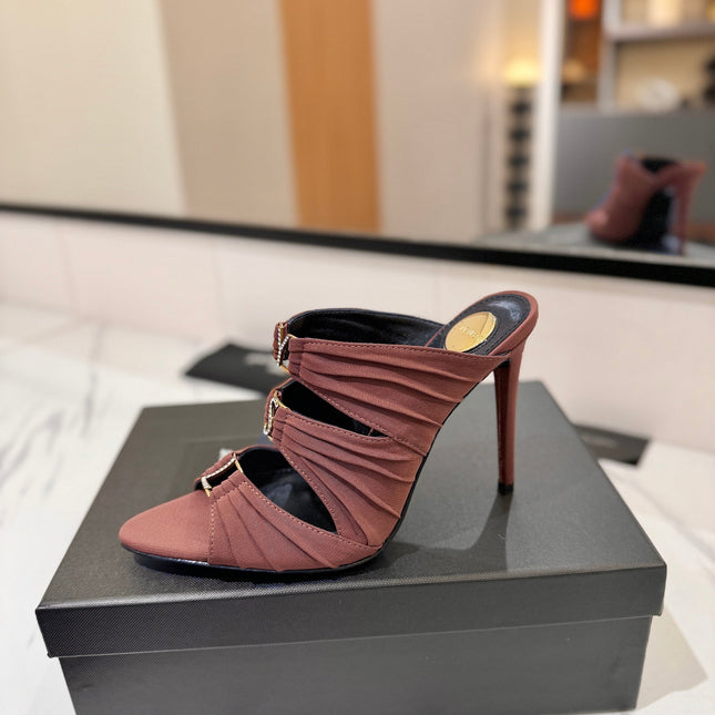 YSL 26S HEELED SANDALS 100 MM IN DARK BROWN FABRIC