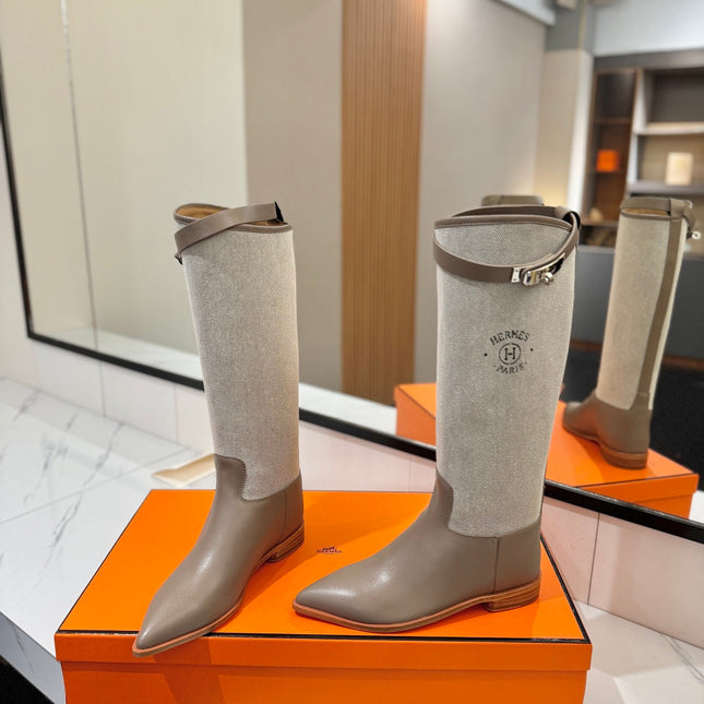 HM 26S JUMPING BOOTS IN DARK GREY CALFSKIN AND BEIGE CANVAS WITH SILVER HARDWARE