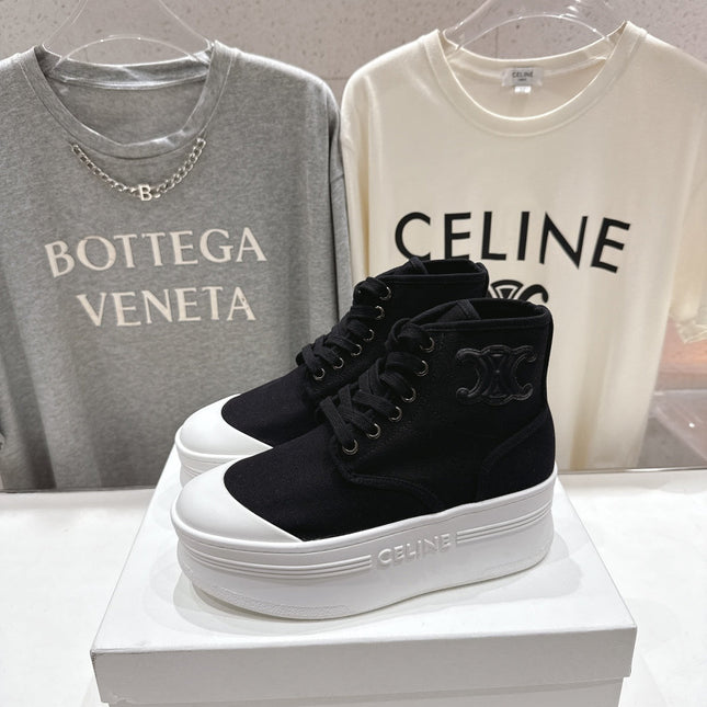 CELINE 26S BOOTS IN WHITE AND BLACK CANVAS