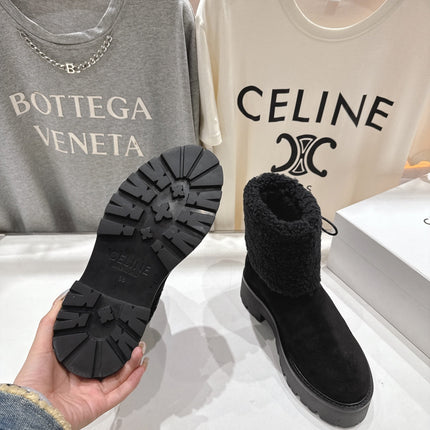 CELINE 26S FUR-TRIM ANKLE BOOTS IN BLACK SUEDE