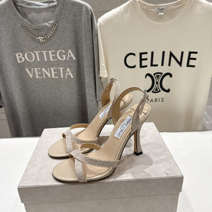 JIMMY CHOO 26S HIGH-HEELED SANDALS 100 MM IN LIGHT BEIGE GLITTER FABRIC