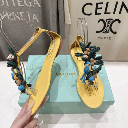 AQUAZZURA 26S FLORAL APPLIQUE THONG SANDALS IN YELLOW CALFSKIN