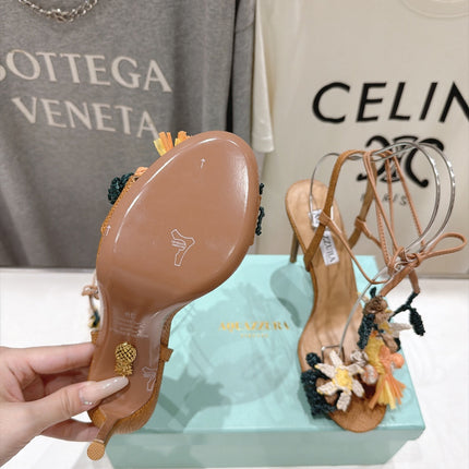 AQUAZZURA 26S FLORAL APPLIQUE SANDALS 100 MM IN BROWN WOVEN FABRIC