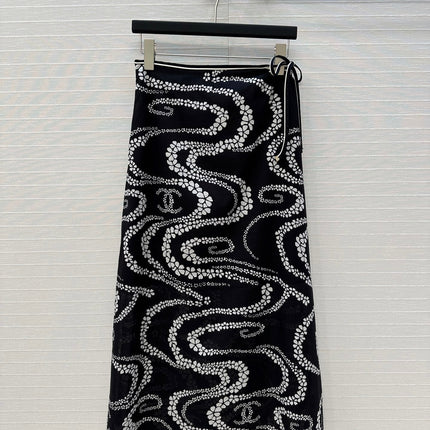 CC 25 Wave Pattern Long Skirt Black Silk Cotton
