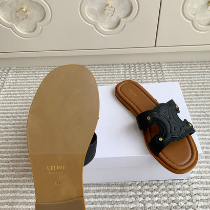 CELINE 26S TRIOMPHE SLIDE SANDALS IN BLACK CALFSKIN WITH TAN BROWN FOOTBED