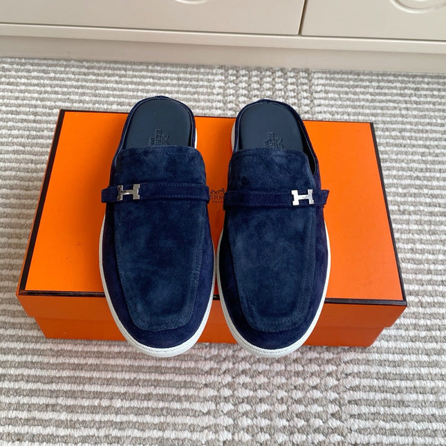 HM 25S MULES IN NAVY BLUE SUEDE WITH SILVER HARDWARE