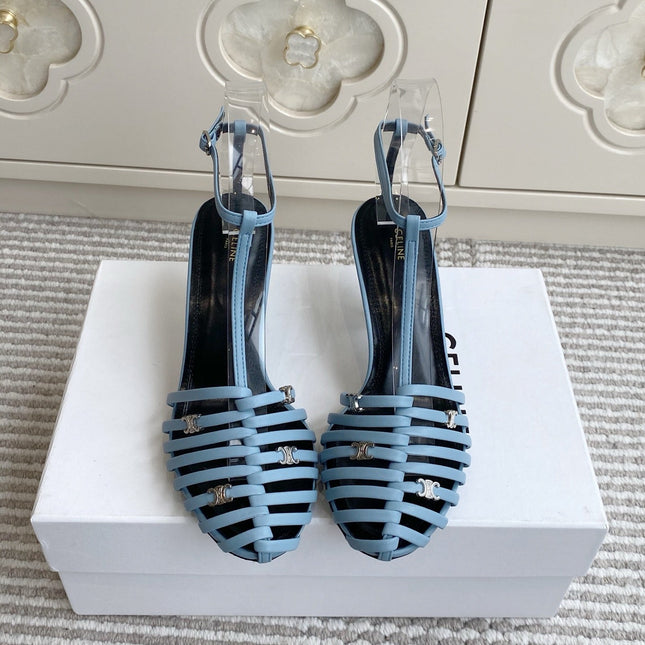 CELINE 26S CLEA TRIOMPHE GLADIATOR HEEL SANDALS 60 MM IN SKY BLUE LAMBSKIN