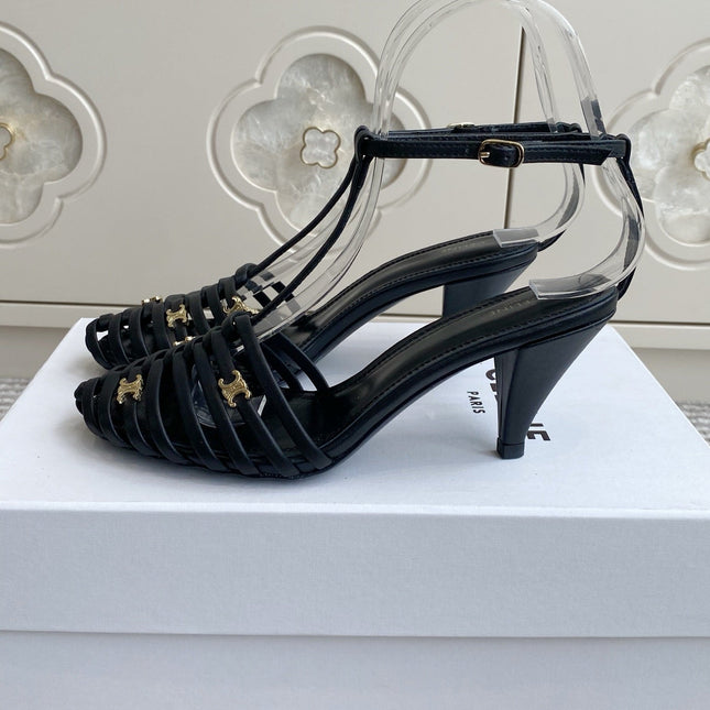 CELINE 26S CLEA TRIOMPHE GLADIATOR HEEL SANDALS 60 MM IN BLACK LAMBSKIN