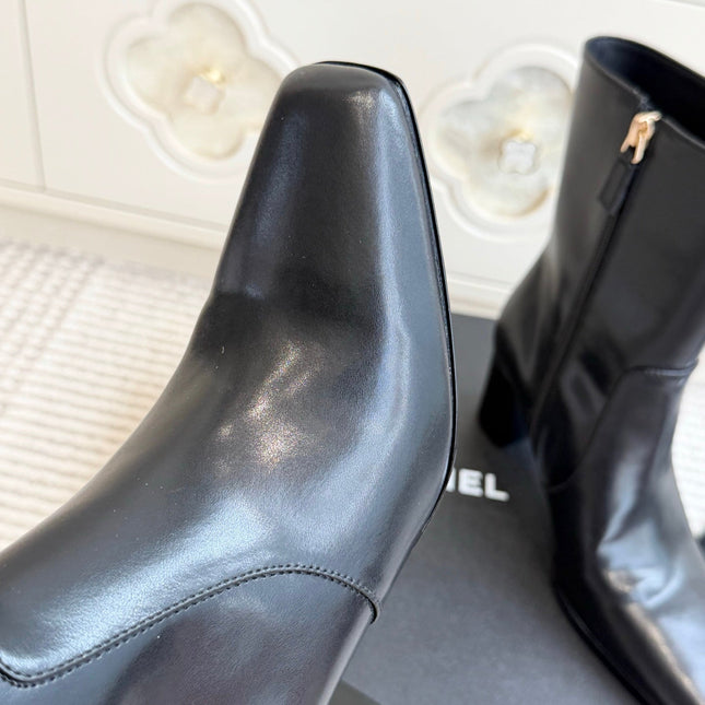 CHANEL 26S HIGH HEEL ANKLE BOOTS 70 MM IN BLACK CALFSKIN SQUARE TOE