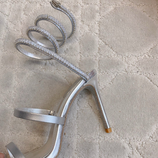 RENE CAOVILLA 26S CLEO HIGH HEELS SANDALS 95 MM IN SILVER LAMBSKIN STYLE 18