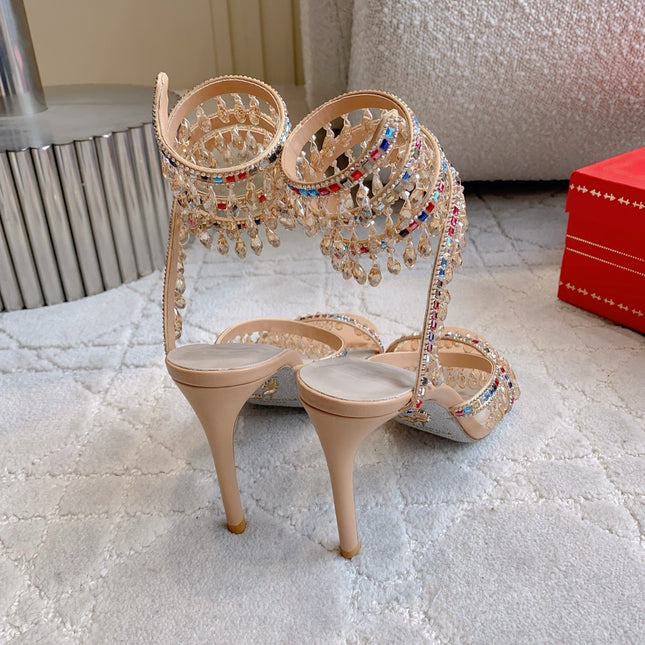 RENE CAOVILLA 26S CLEO HIGH HEELS SANDALS 95 MM IN BEIGE LAMBSKIN STYLE 17