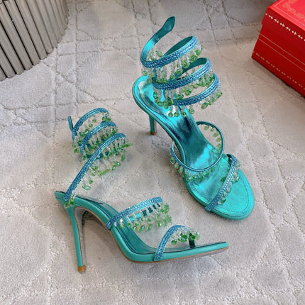 RENE CAOVILLA 26S CLEO HIGH HEELS SANDALS 95 MM IN AQUA BLUE METALLIC LAMBSKIN STYLE 9