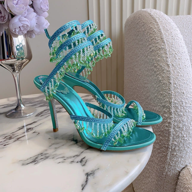RENE CAOVILLA 26S CLEO HIGH HEELS SANDALS 95 MM IN AQUA BLUE METALLIC LAMBSKIN STYLE 9