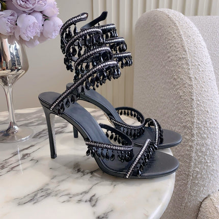 RENE CAOVILLA 26S CLEO HIGH HEELS SANDALS 95 MM IN BLACK LAMBSKIN STYLE 8