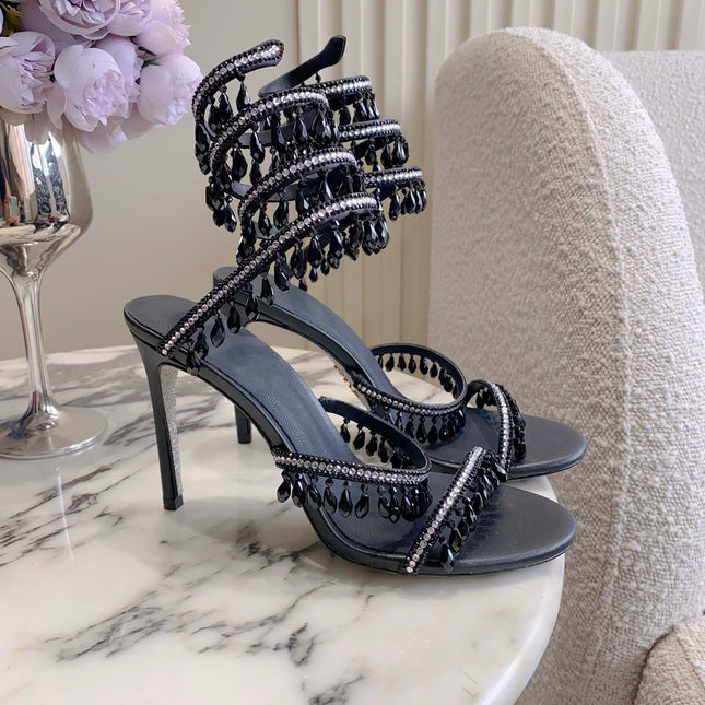 RENE CAOVILLA 26S CLEO HIGH HEELS SANDALS 95 MM IN BLACK LAMBSKIN STYLE 8