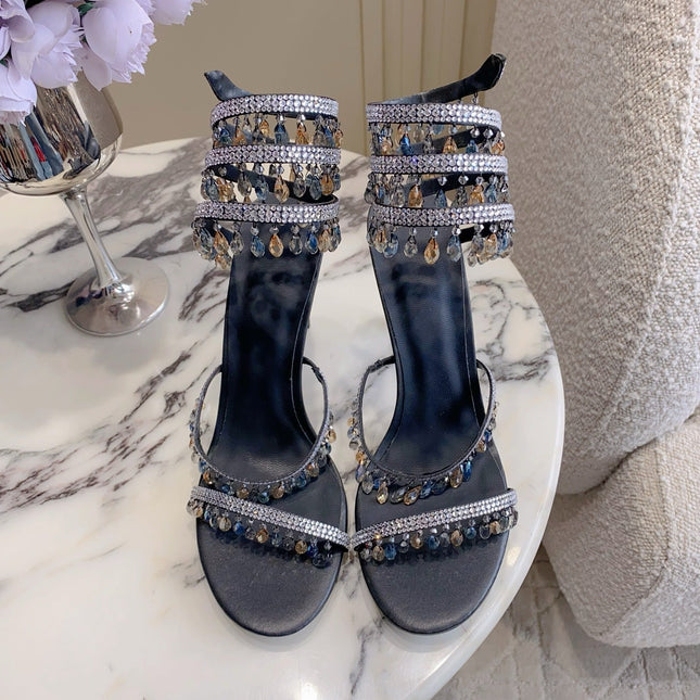 RENE CAOVILLA 26S CLEO HIGH HEELS SANDALS 95 MM IN BLACK LAMBSKIN STYLE 6