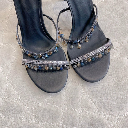 RENE CAOVILLA 26S CLEO HIGH HEELS SANDALS 95 MM IN BLACK LAMBSKIN STYLE 6
