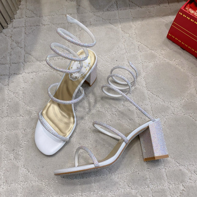 RENE CAOVILLA 26S RHINESTONE HIGH HEELS SANDALS 75 MM IN WHITE LAMBSKIN