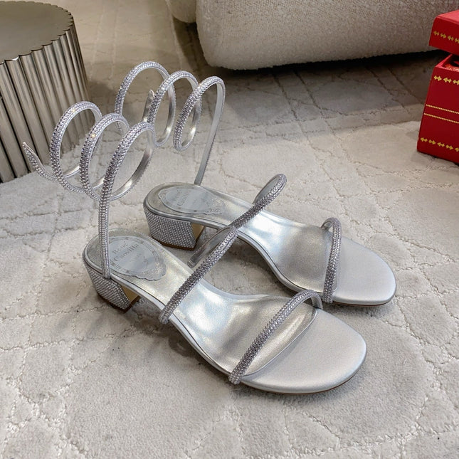 RENE CAOVILLA 26S RHINESTONE HIGH HEELS SANDALS 45 MM IN SILVER LAMBSKIN
