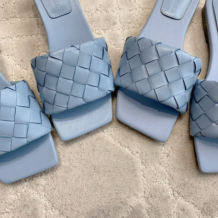 BOTTEGA VENETA 26S SQUARE-TOE SLIDE SANDALS IN BLUE LAMBSKIN