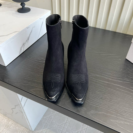 CELINE 26S ANKLE COWBOY BOOTS IN BLACK SUEDE POINTED TOE