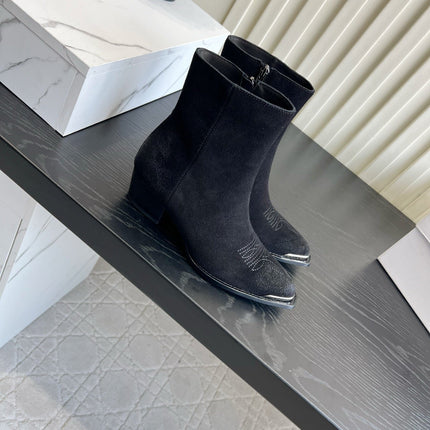 CELINE 26S ANKLE COWBOY BOOTS IN BLACK SUEDE POINTED TOE