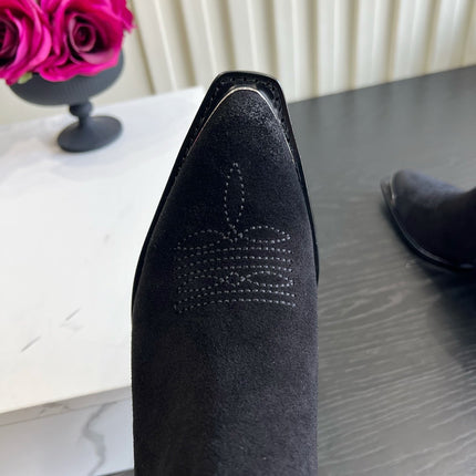 CELINE 26S ANKLE COWBOY BOOTS IN BLACK SUEDE POINTED TOE