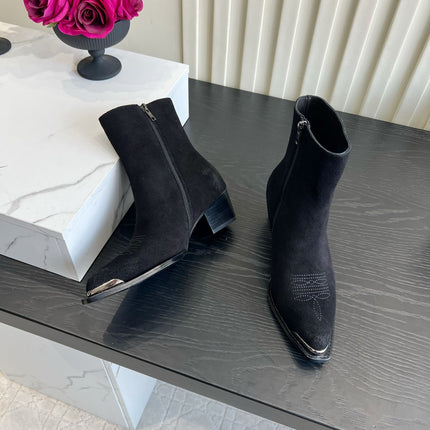 CELINE 26S ANKLE COWBOY BOOTS IN BLACK SUEDE POINTED TOE