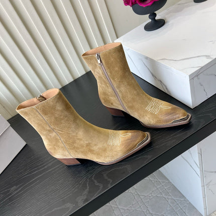 CELINE 26S ANKLE COWBOY BOOTS IN BEIGE SUEDE POINTED TOE