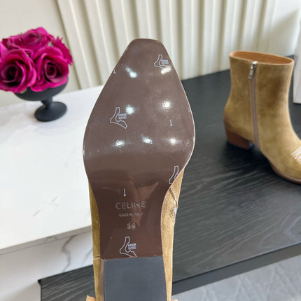 CELINE 26S ANKLE COWBOY BOOTS IN BEIGE SUEDE POINTED TOE