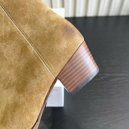 CELINE 26S ANKLE COWBOY BOOTS IN BEIGE SUEDE POINTED TOE