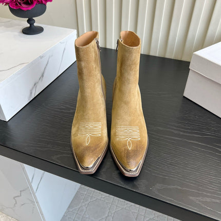 CELINE 26S ANKLE COWBOY BOOTS IN BEIGE SUEDE POINTED TOE