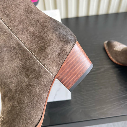 CELINE 26S ANKLE COWBOY BOOTS IN DARK BROWN SUEDE POINTED TOE