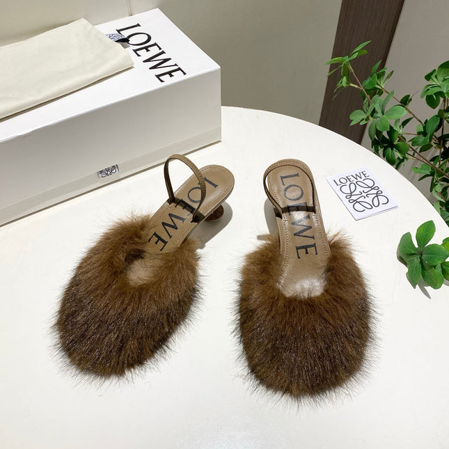 LOEWE 26S OPEN-BACK HIGH HEELS 60MM IN DARK BROWN CALFSKIN WITH FUR