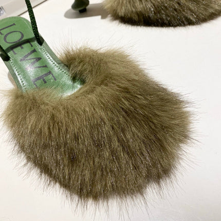 LOEWE 26S OPEN-BACK HIGH HEELS 60MM IN GREEN CALFSKIN WITH FUR