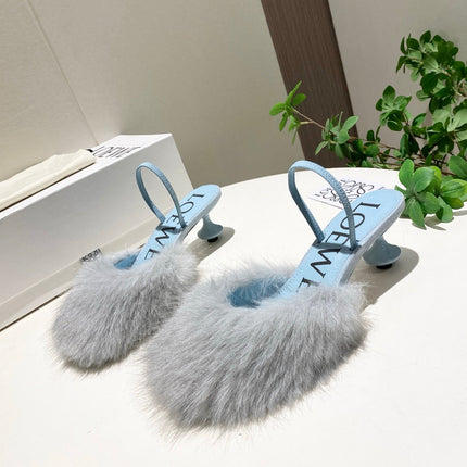 LOEWE 26S OPEN-BACK HIGH HEELS 60MM IN LIGHT BLUE CALFSKIN WITH FUR
