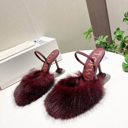 LOEWE 26S OPEN-BACK HIGH HEELS 100MM IN WINE RED CALFSKIN WITH FUR