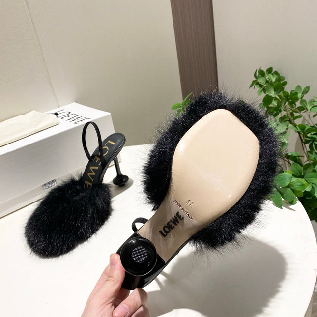 LOEWE 26S OPEN-BACK HIGH HEELS 100MM IN BLACK CALFSKIN WITH FUR