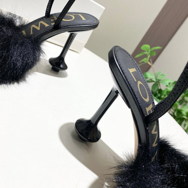 LOEWE 26S OPEN-BACK HIGH HEELS 100MM IN BLACK CALFSKIN WITH FUR
