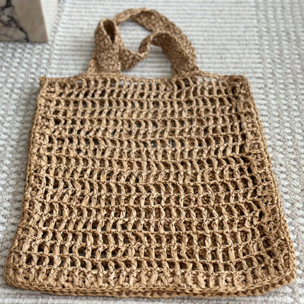BLACK EMBROIDED LOGO TOTE BAG 40IN BROWN WOVEN RAFFIA