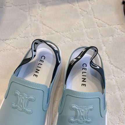 CELINE 26S WEDGE MULES MM IN LIGHT BLUE SMOOTH CALFSKIN