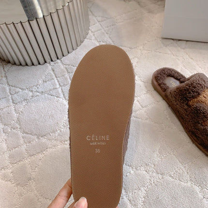 CELINE 26S MULES WITH LOGO IN DARK BROWN WOOL