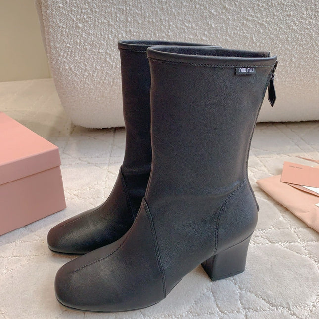 MIUMIU 26S HIGH-HEELED ANKLE BOOTS 70MM IN BLACK CALFSKIN