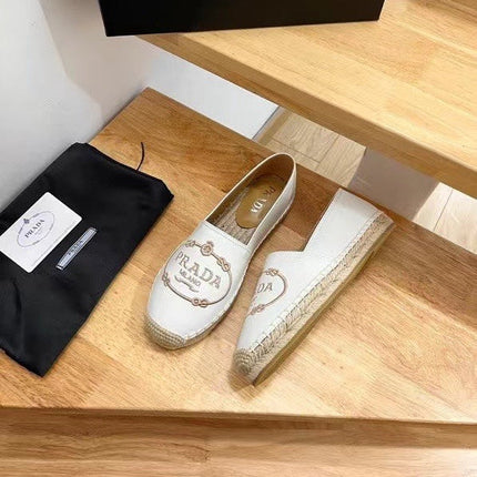 PRADA 26S EMBROIDERED LOGO ESPADRILLE FLATS IN WHITE CALFSKIN