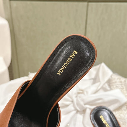 POINTED BB GOLD BUCKLE HIGH MULES IN BROWN RUST SILK