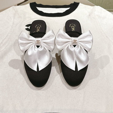 CC MULE WITH SILK WHITE BOW AND BLACK LAMBSKIN