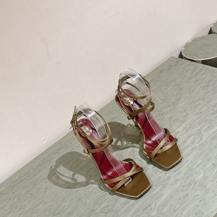 YSL 25S HIGH-HEEL SANDALS 100 MM IN MOSS GREEN SATIN WITH YSL LOGO HEEL DESIGN IN GOLD