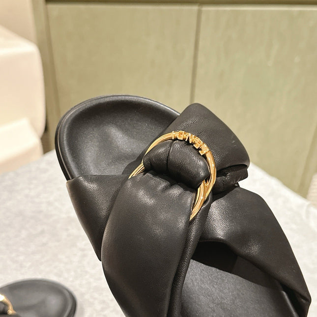 FENDI 26S WIDE CROSS-STRAP SANDALS IN BLACK LAMBSKIN