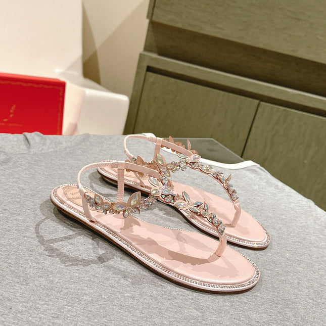 RENE CAOVILLA 26S THONG SANDALS IN NUDE PINK LAMBSKIN WITH CRYSTAL