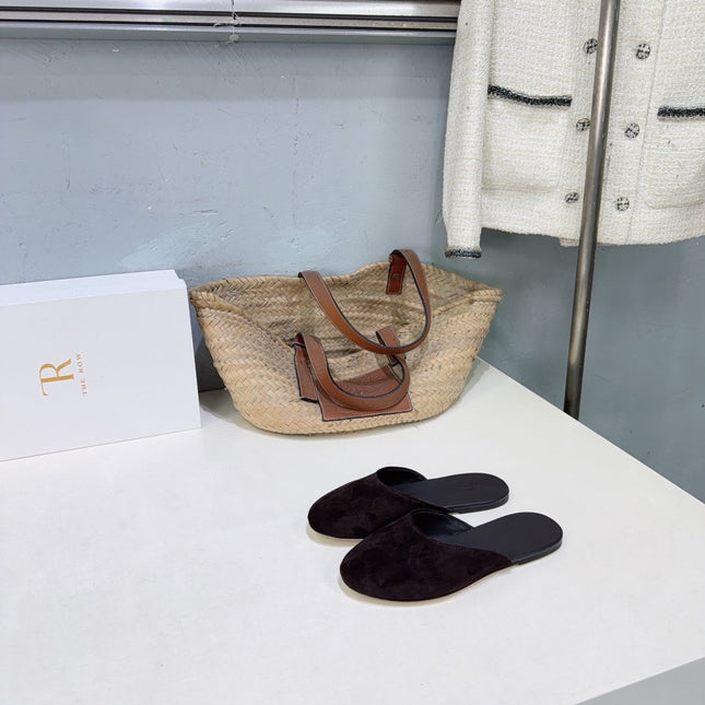THE ROW 26S ROUND TOE MULE FLATS IN DARK BROWN SUEDE